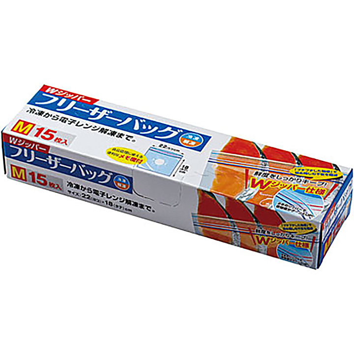 Ｗジッパーフリーザーバッグ　Ｍ　１５枚入　０．０６Ｘ２２０Ｘ１８０